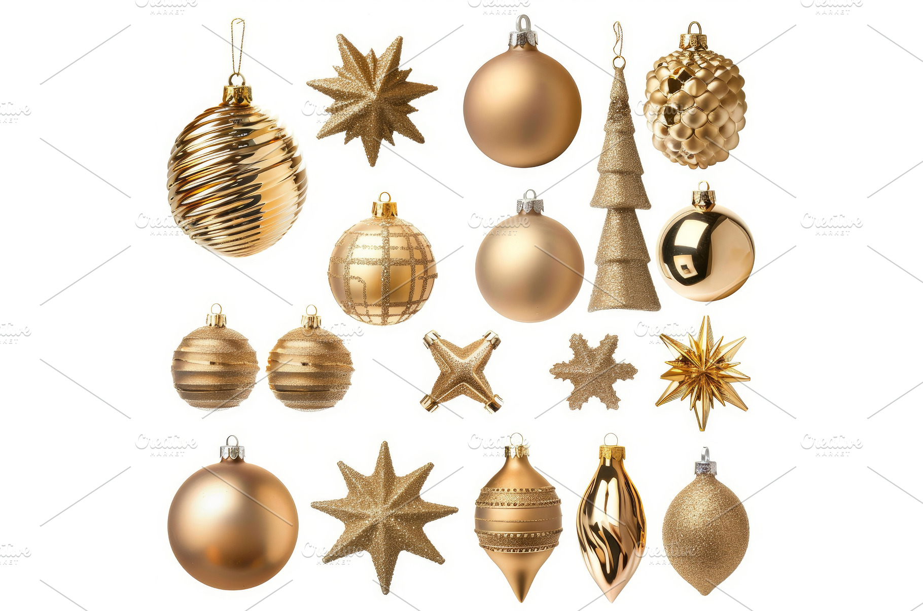 Variety of gold christmas ornaments, a Holiday Photo by Ylivdesign