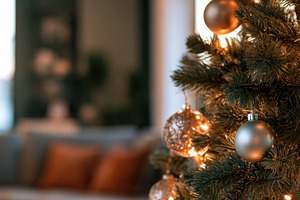 Elegant Christmas tree with warm lights in cozy living room