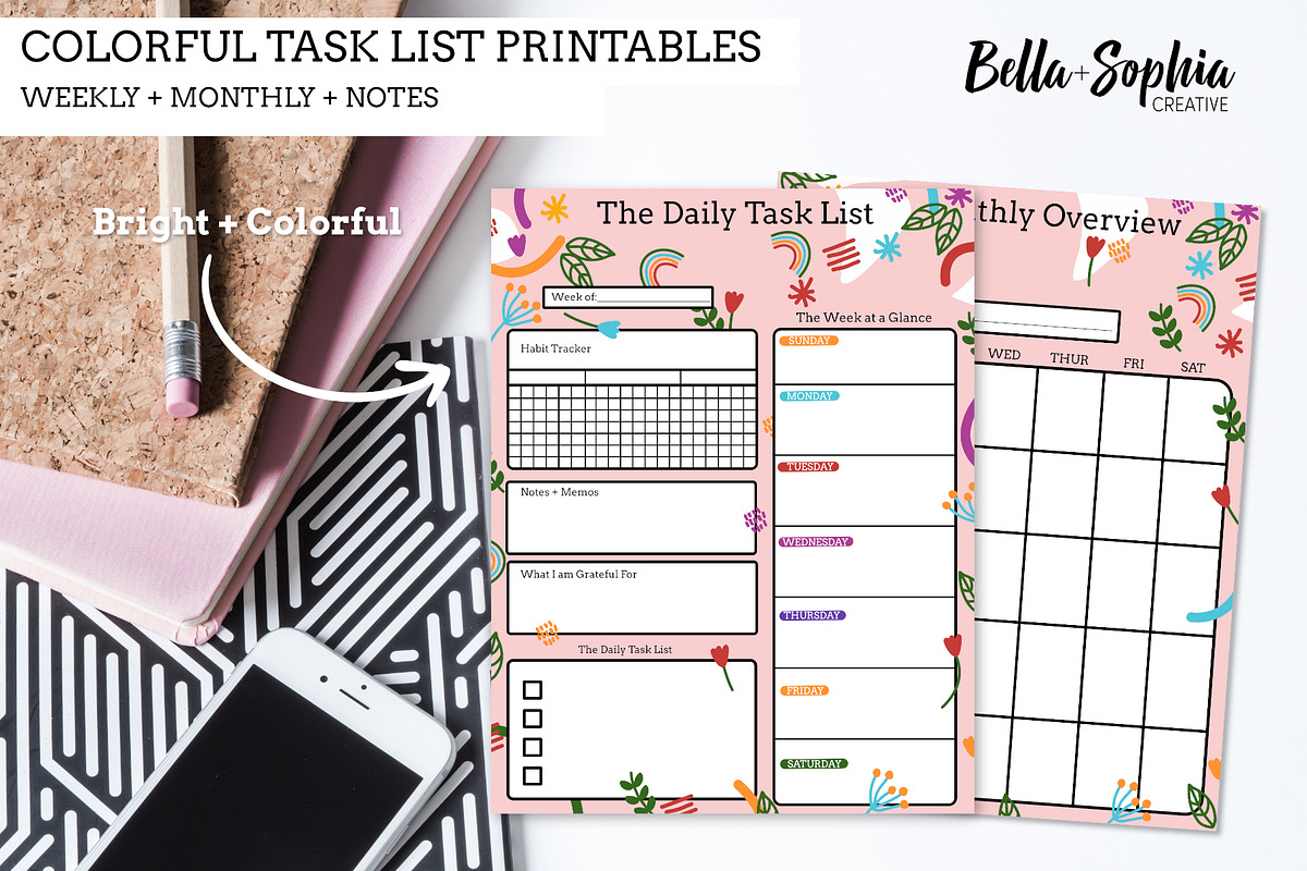 Bright Daily Tasks Planner Printable, a Stationery Template by Bella+Sophia Creative (Photo 1 of 6)