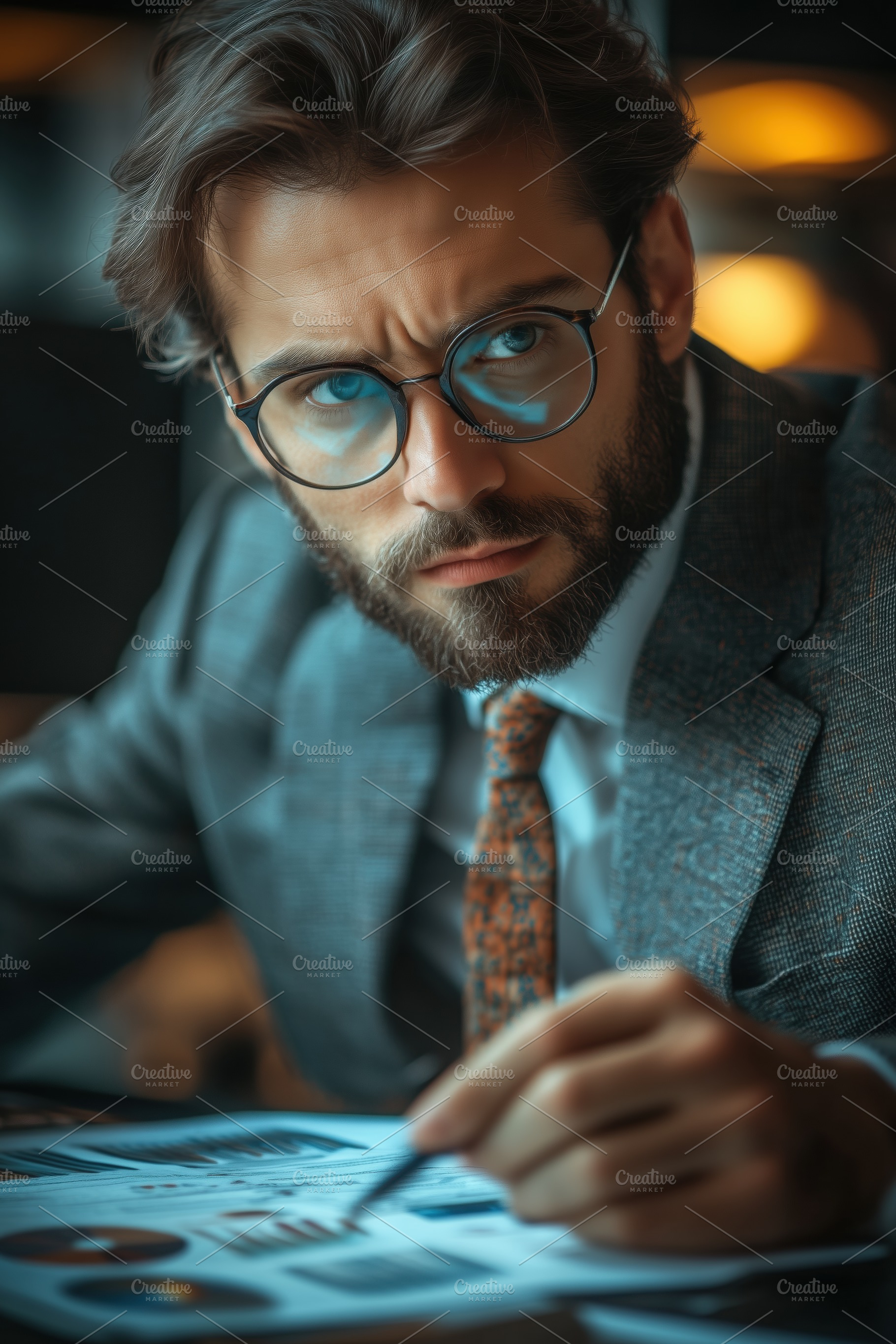 A focused businessman accountant in a suit, wearing glasses, analyzing charts a, a Person Photo by Textures & Backgrounds