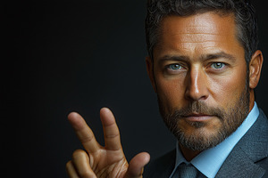 A sophisticated Caucasian man in a suit gestures confidently against a dark bac, a Background Photo by ImageMir