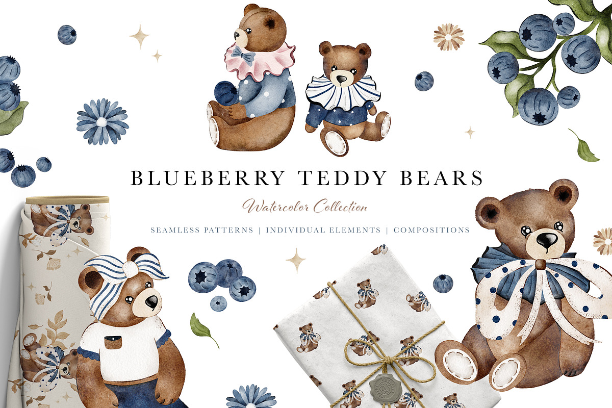 Blueberry Teddy Bears Watercolor Set, an Animal Illustration by Pati Paints (Photo 1 of 12)