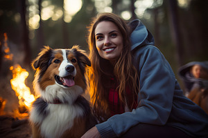 Portrait of Australian Shepherd dog with woman sitting in forest near bonfire, an Animal Photo by Lenor4ik