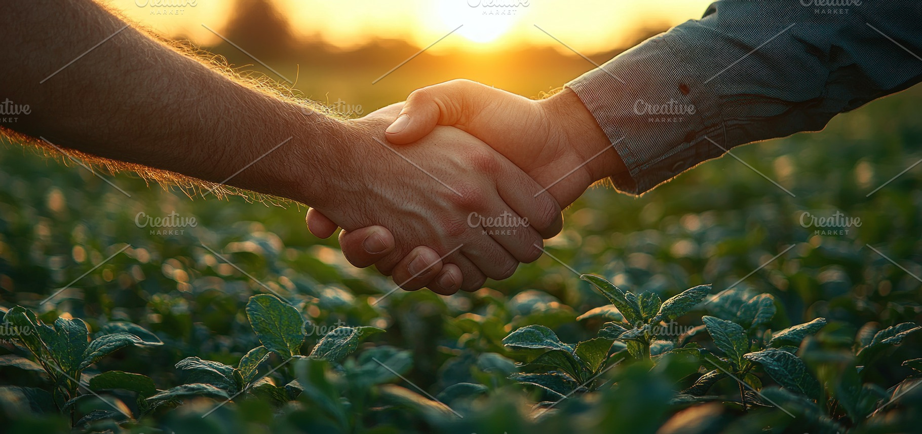 Two people shaking hands in an agricultural field at sunset symb, a Nature Photo by José Manuel Gelpi