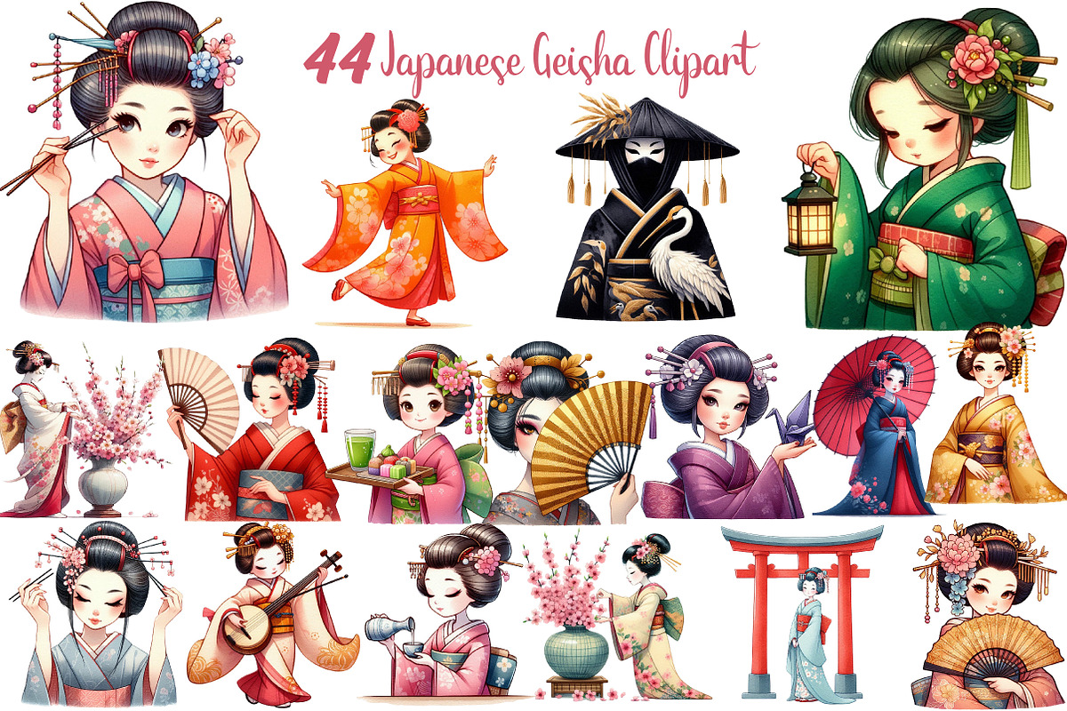 Japanese Geisha Watercolor PNG Bundl, an Illustration by DreamCafeArt (Photo 1 of 7)