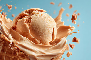 Caramel ice cream scoop in waffle cone with creamy splash, a Food & Drink Photo by AlyaAnd