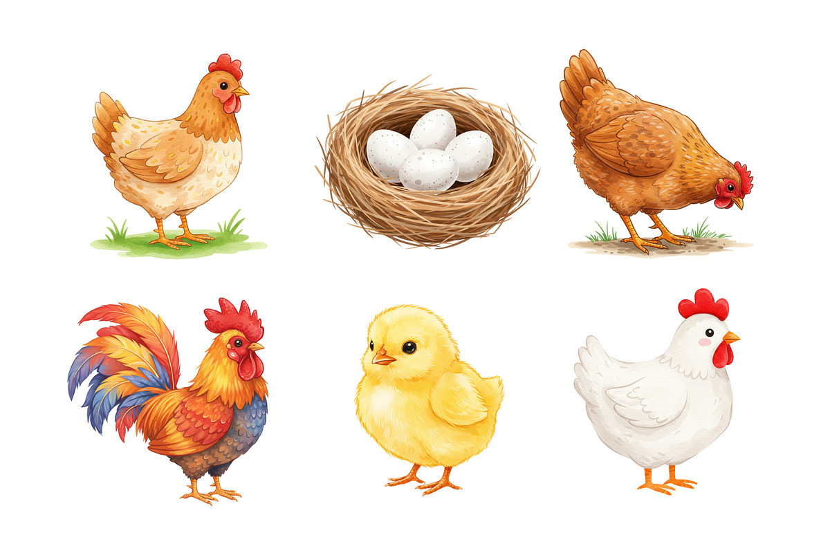 Watercolor Chickens Clipart, an Animal Illustration by BerryPieArt (Photo 2 of 4)