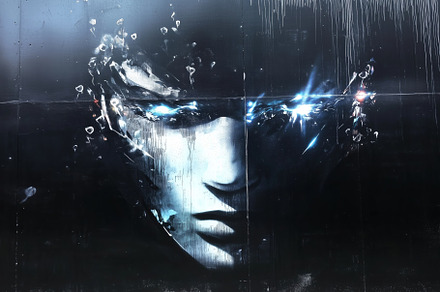 A striking digital artwork featuring a futuristic, fragmented face with glowing, an Arts & Entertainment Photo by Textures & Backgrounds