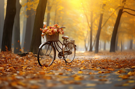 Retro bycicle with flowers in autumn park, a Transportation Photo by AlyaAnd