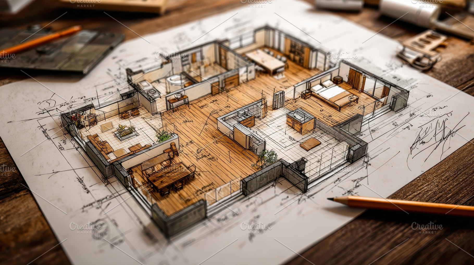 House architectural design sketch ho, a Photo by Pixeness Studio