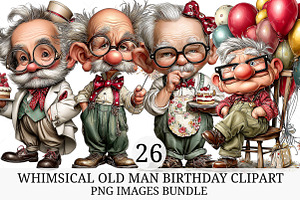 Whimsical Old Man Birthday Clipart, an Illustration by Craft Nest