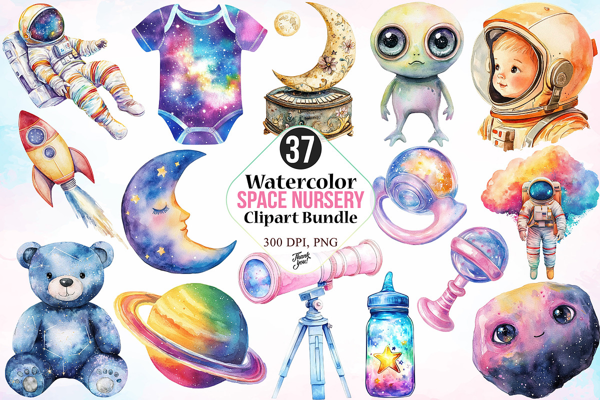 Watercolor Space Nursery Clipart PNG, a Seasonal Illustration by Canvas Craft (Photo 1 of 3)