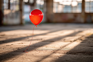 Red helium balloon floats gently in an abandoned building during golden hour, a Photo by AlyaAnd