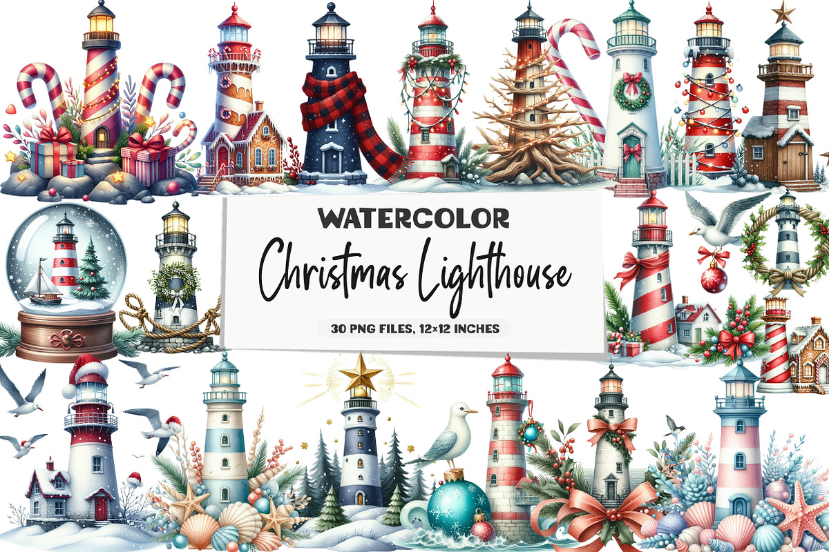 Christmas Lighthouse Clipart, an Illustration by DreamArtGraphic (Photo 1 of 6)