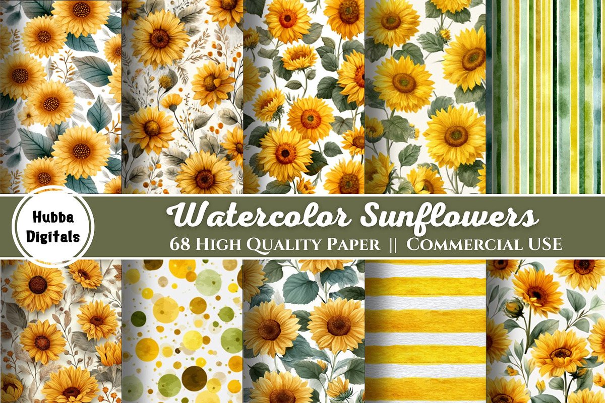 Watercolor Sunflowers Digital Paper, a Decorative Illustration by HubbaDigitals (Photo 3 of 3)
