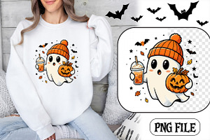 Ghost with pumpkin and drink, a Seasonal Illustration by CrexoraLab