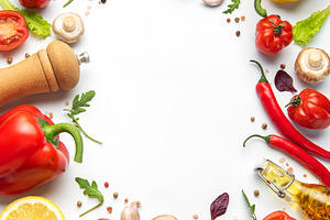 Fresh healthy organic vegetables and herbs forming frame, a Food & Drink Photo by Olena Rudo