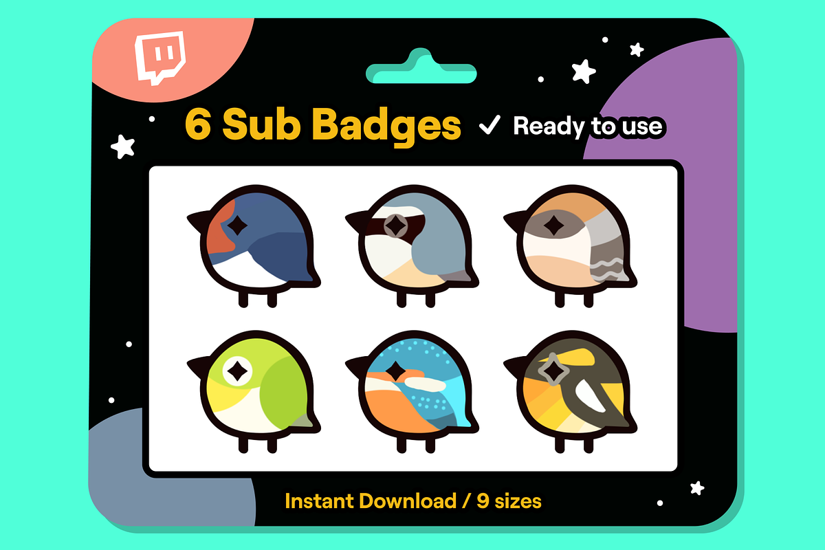 6x Birds Sub Badges Pack for Twitch, an Illustration by Custom Fonts & Patterns (Photo 1 of 2)