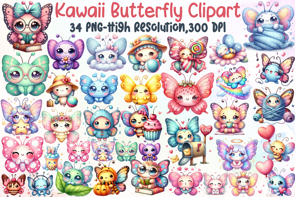 Kawaii Butterfly Clipart Bundle, an Illustration by Sublimation Artist (Photo 1 of 6)
