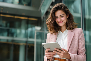 Businesswoman using tablet outside m, a Photo by Pixeness Studio