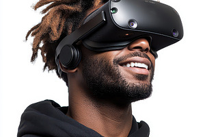 Man with dreadlocks smiling in VR he, an Abstract Photo by Pixeness Studio