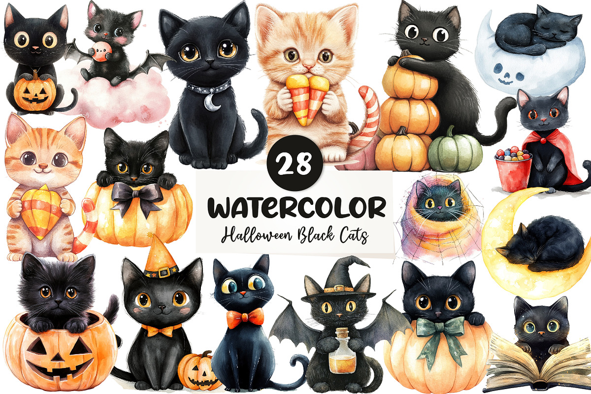 Cute Halloween Black Cats Clipart, an Illustration by CreationArt (Photo 1 of 5)