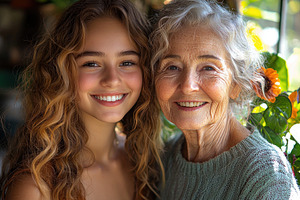 Smiling young woman and elderly woman standing close together in, a Nature Photo by José Manuel Gelpi