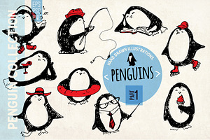 Penguins in engraving style Holidays