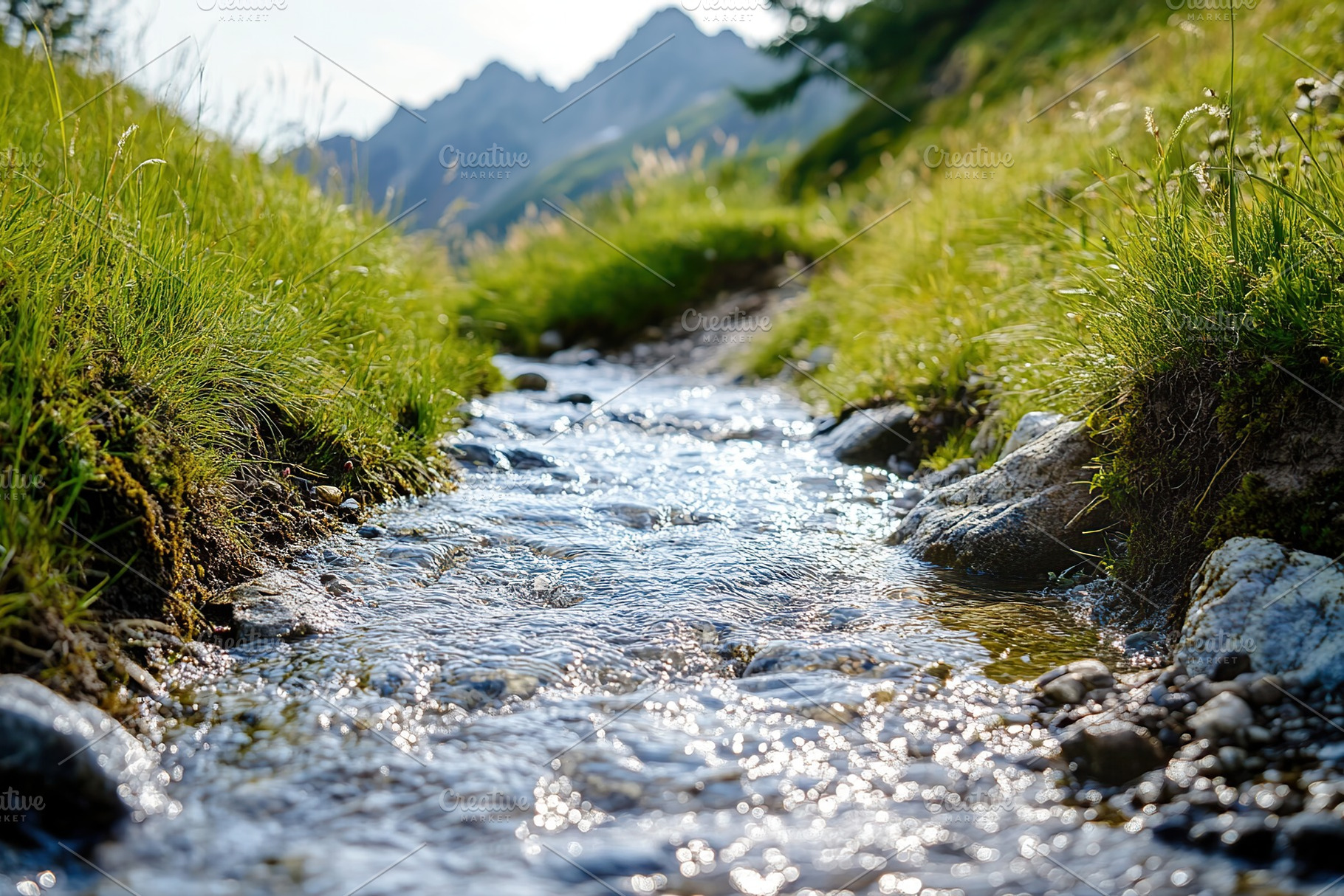 Beautiful landscape with water stream on mountains background, a Photo by AlyaAnd
