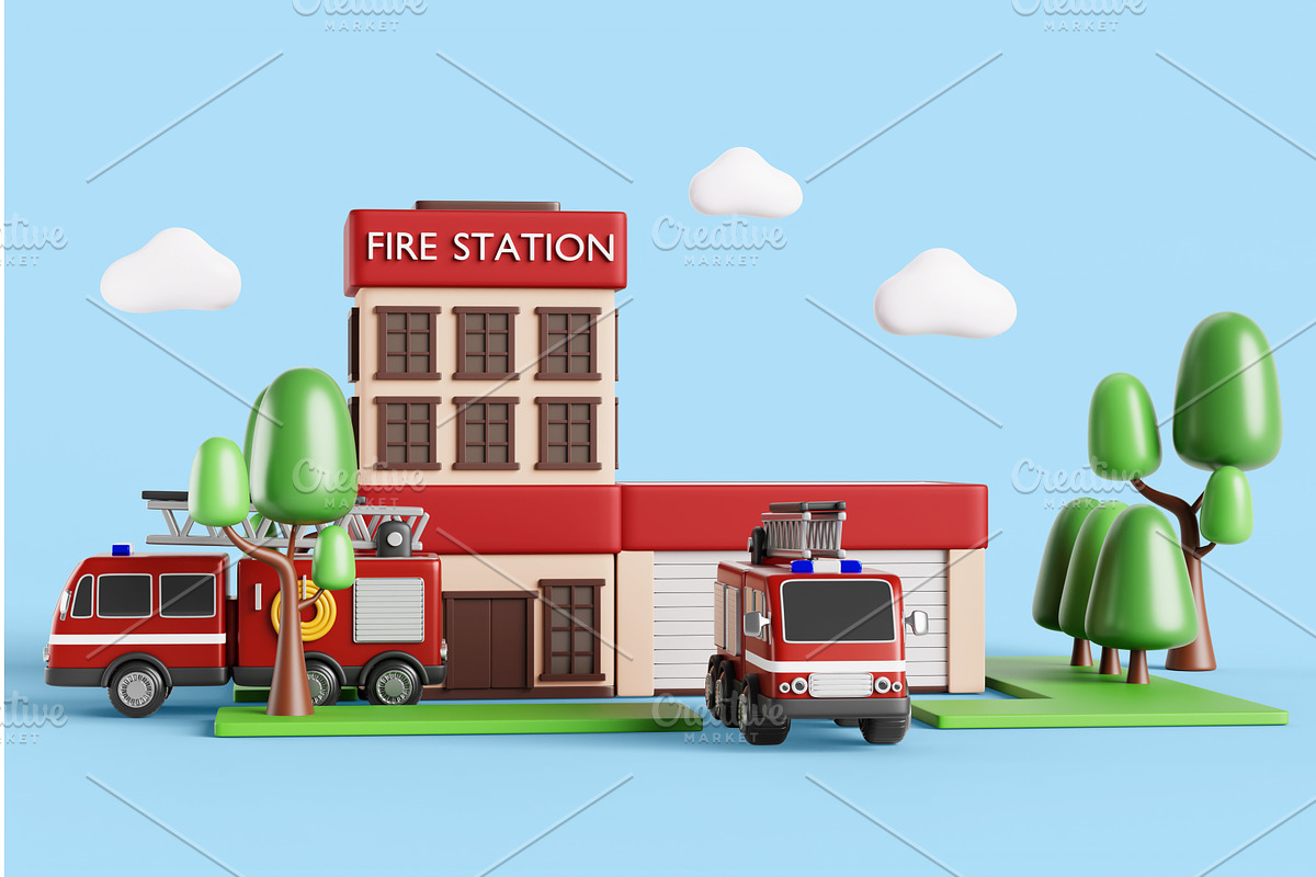 Fire station building with garage, an Architecture 3D Model by Marozhkastudio
