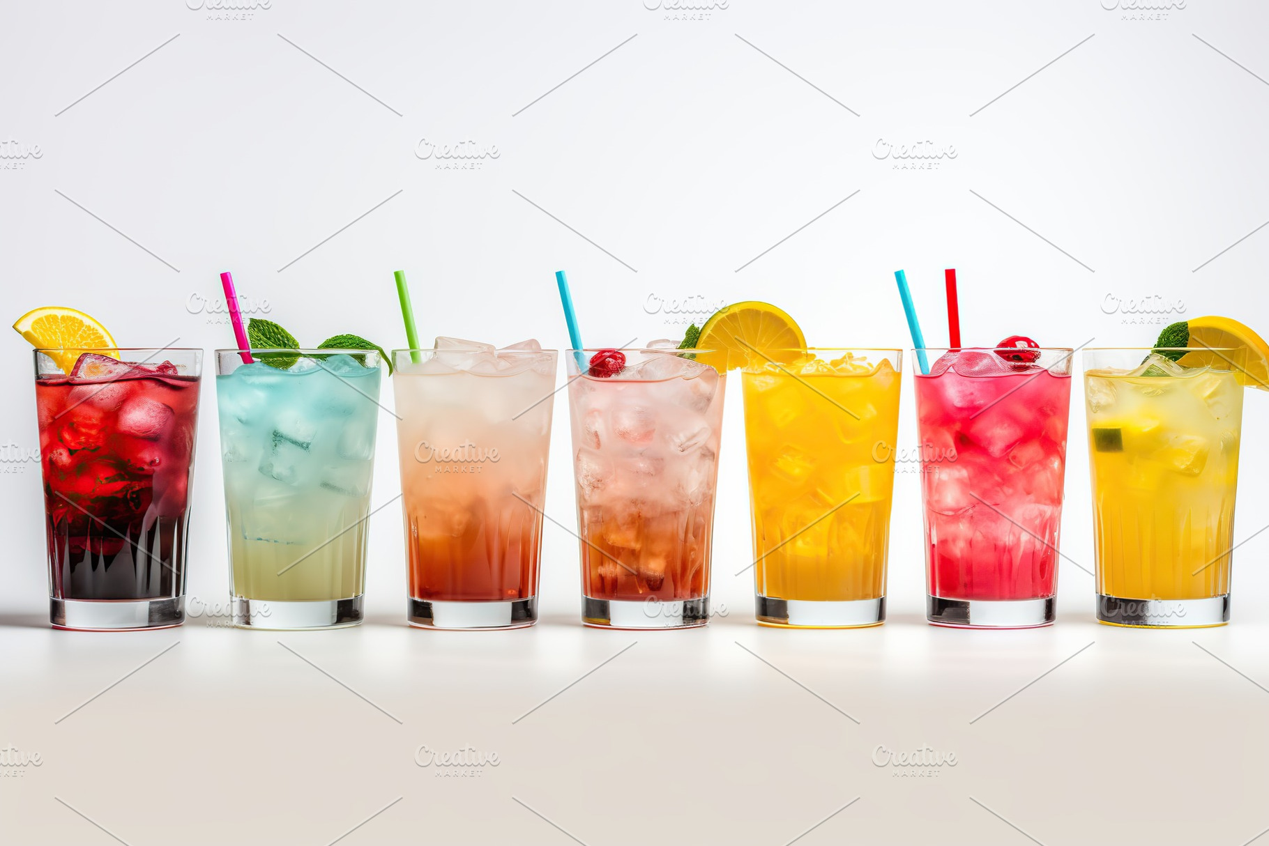 Different alcohol cocktails on white background, a Food & Drink Photo by AlyaAnd
