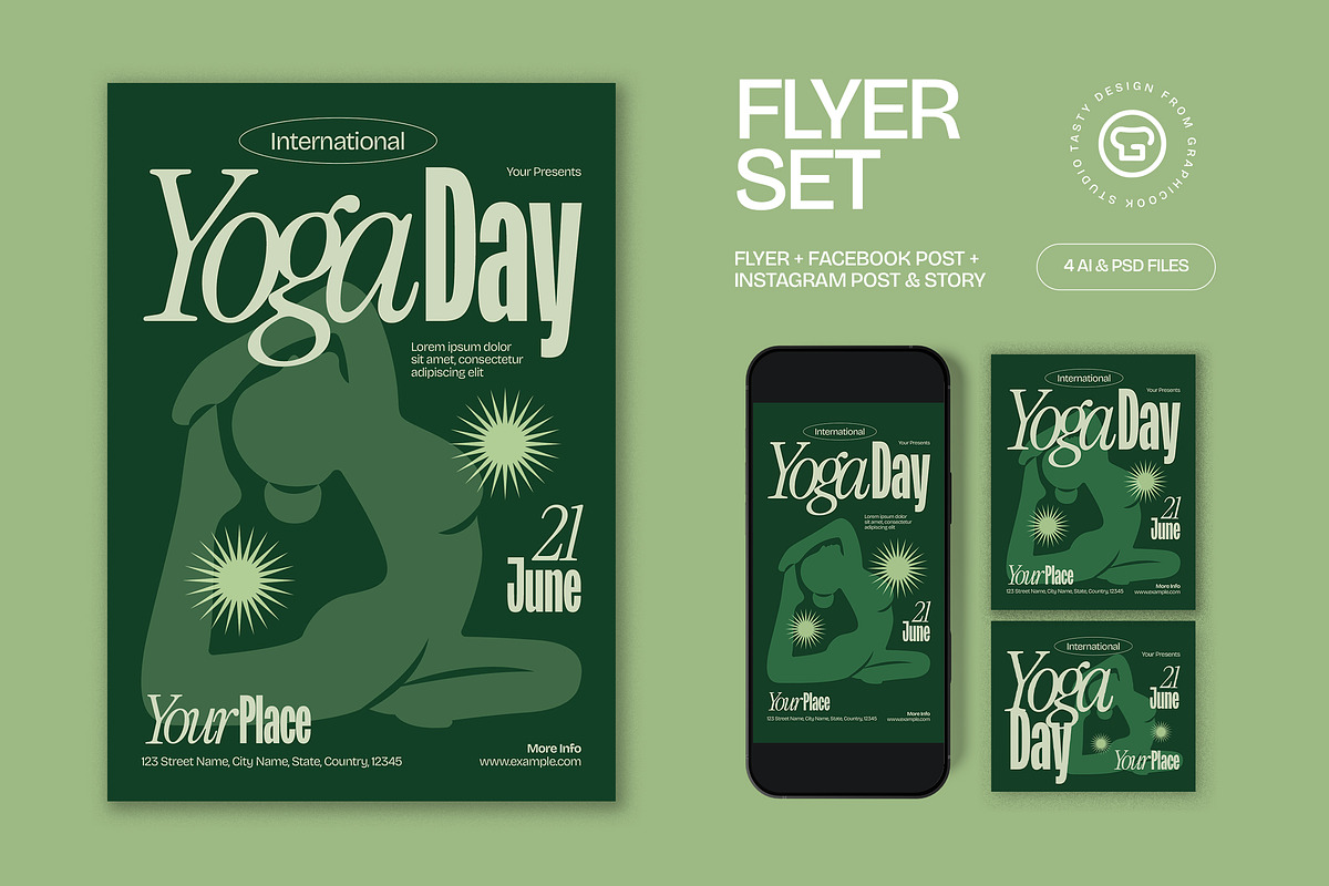 Green Bold Yoga Day Flyer Set, a Flyer Template by graphicook (Photo 1 of 3)