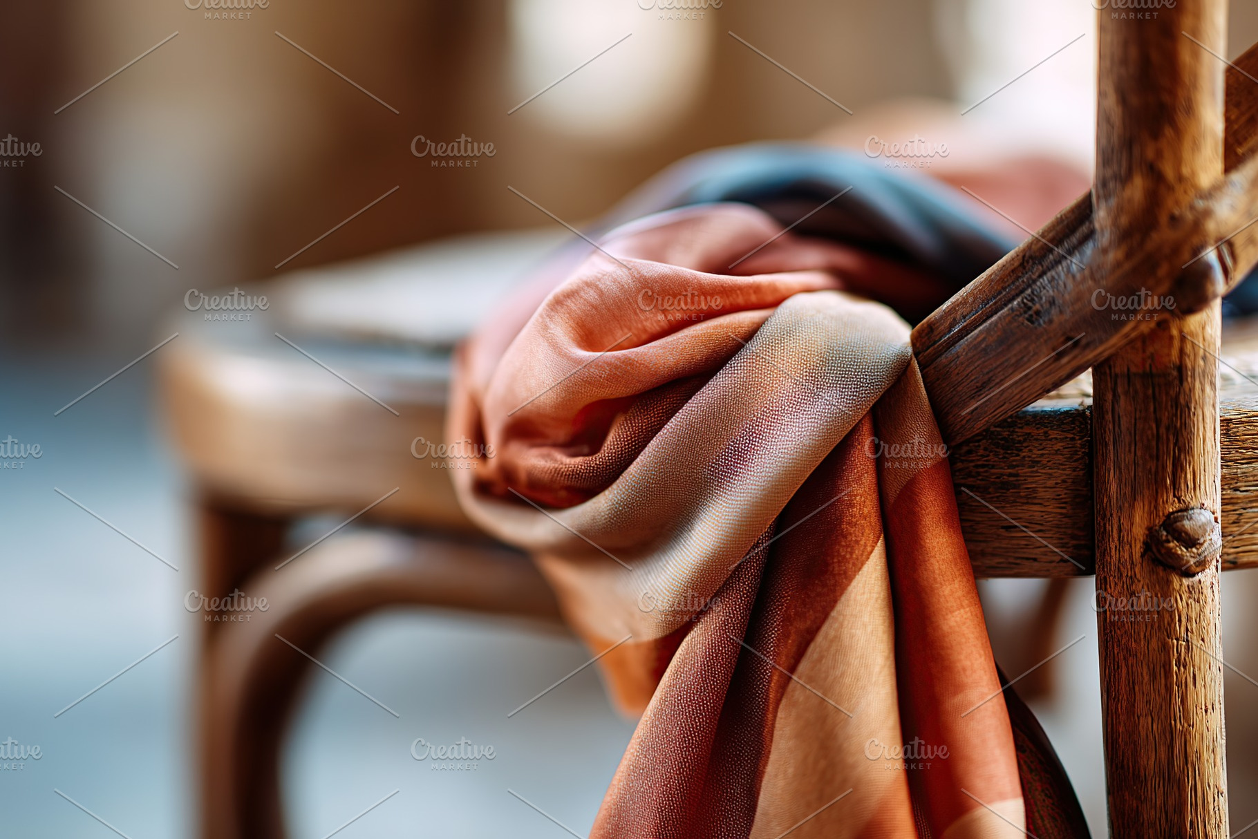 Hand-dyed silk scarf elegantly draped over a rustic wooden chair in a quiet set, a Photo by AlyaAnd