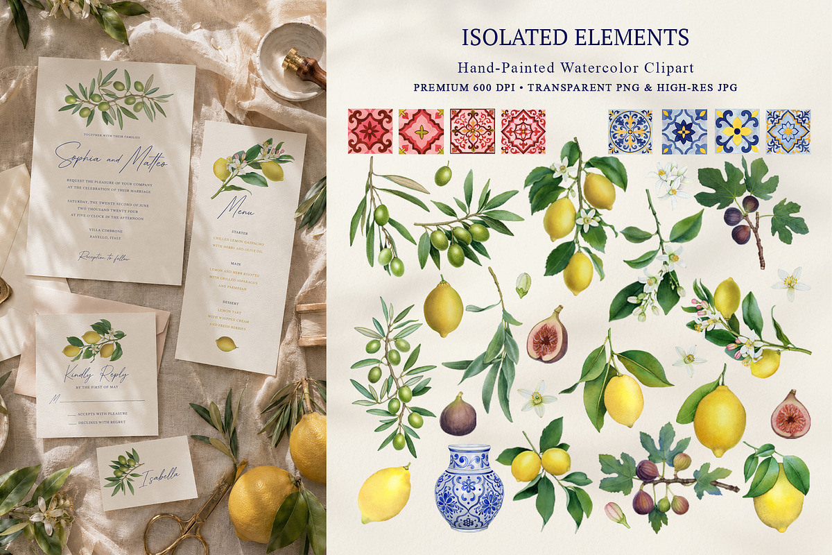 Amalfi Lemon Mediterranean Clipart, a Decorative Illustration by SunnJaneArt (Photo 2 of 17)