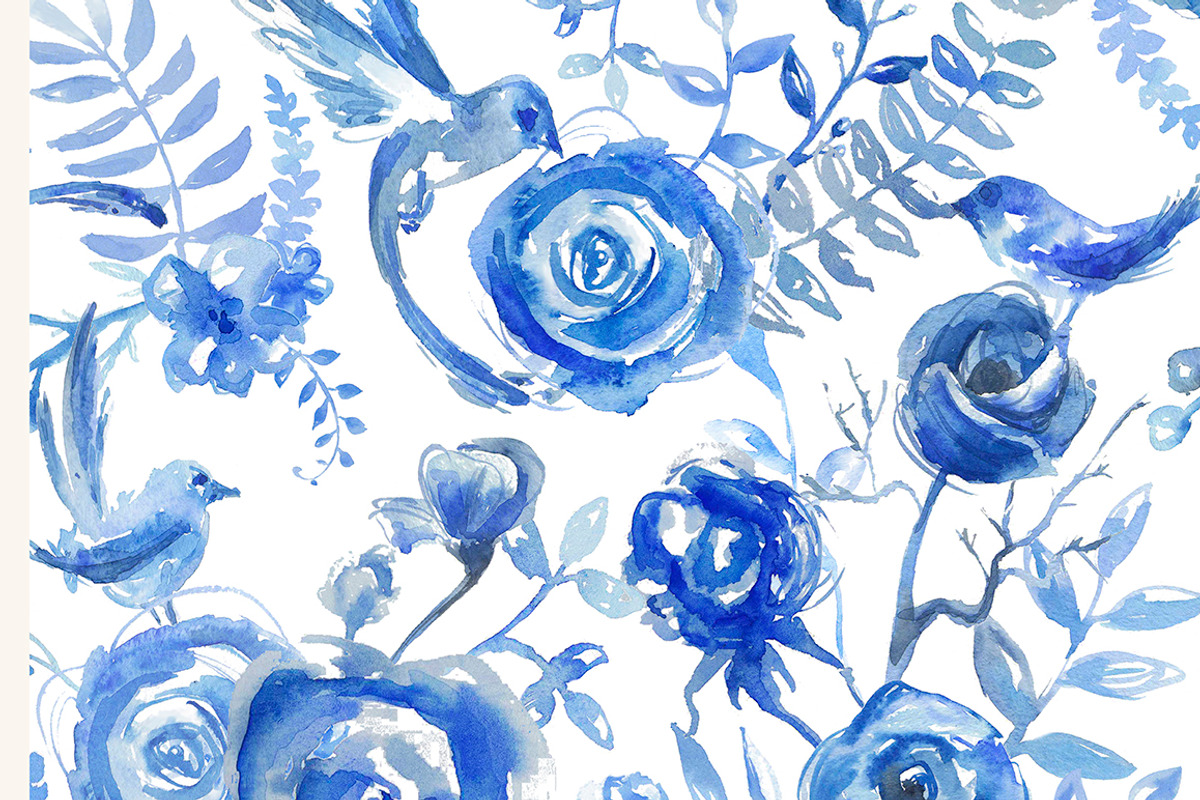 Watercolor blue floral pattern, a Pattern Graphic by kizi (Photo 2 of 2)