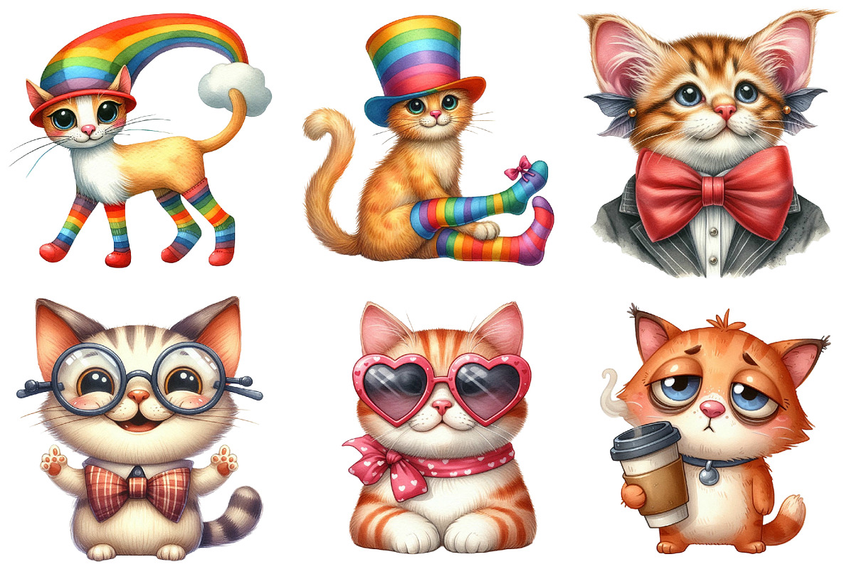 Funny Quirky Cats Clipart, an Illustration by Watercolor design (Photo 2 of 4)