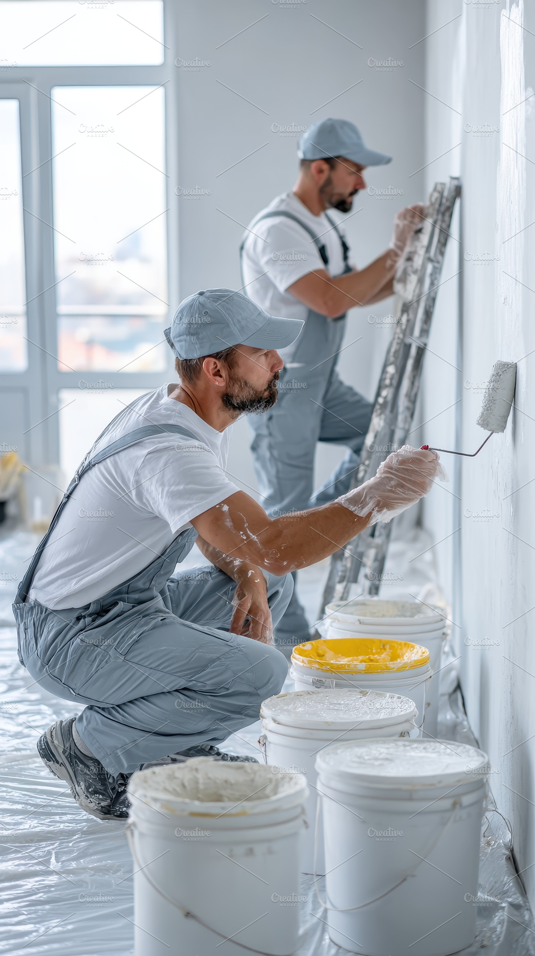 Two Painters Working Together on a W, a Photo by Pixeness Studio
