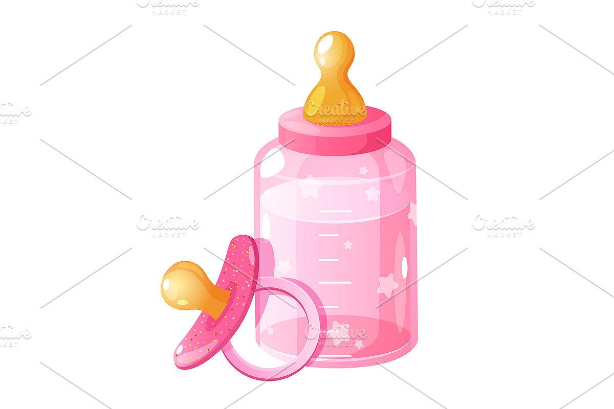Baby girl drink bottle with pacifier, an Illustration by Elen_Art