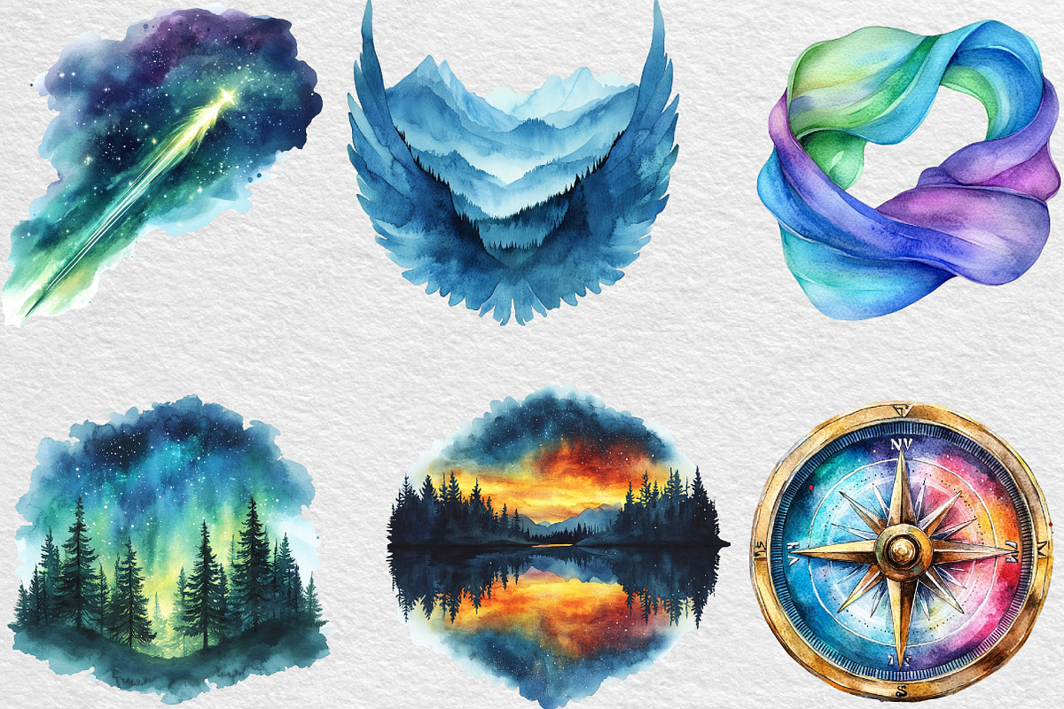Watercolor Northern Lights Clipart, an Illustration by Black Bird Studio (Photo 3 of 6)