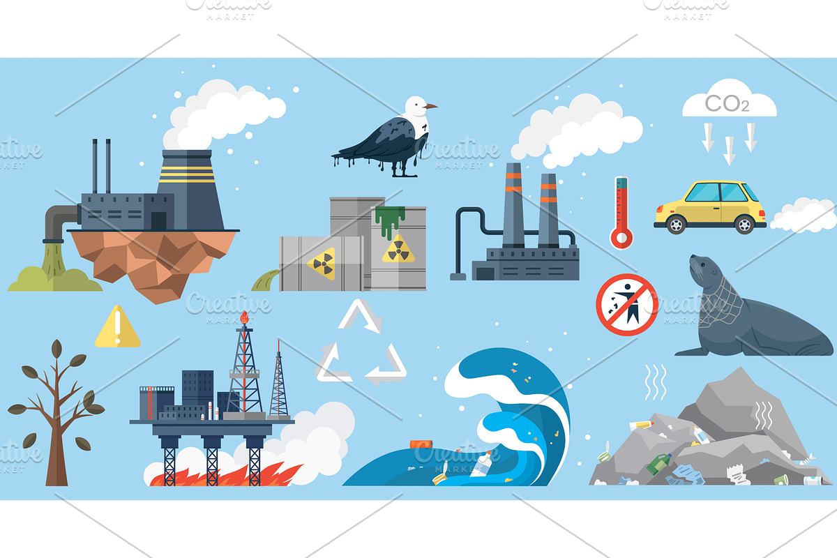 Waste pollution set. Polluted air, an Illustration by robuart