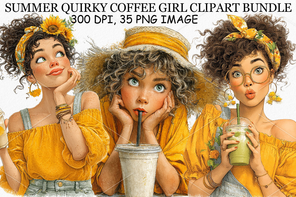 Summer Quirky Coffee Girl Clipart, an Illustration by Canvas Craft (Photo 1 of 7)