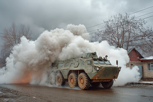 Armored vehicle driving through smok, a Photo by Pixeness Studio