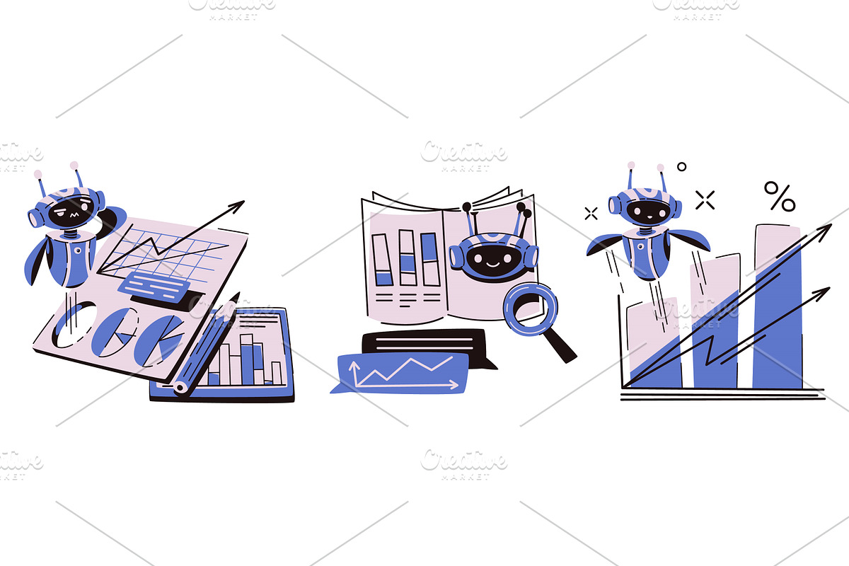 Robot analytics set - cute chatbot, a Technology Illustration by art PVP - market