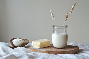 Creamy milk and butter on a wooden b, a Photo by Tanuart