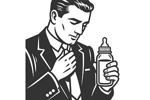 Businessman Holding Baby Bottle Work, a Person Illustration by AlexArt