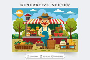 A farmer stands proudly with baskets