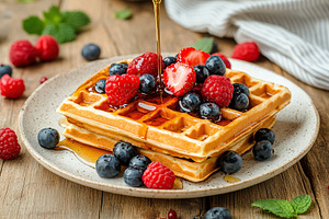 Delicious waffles topped with fresh berries and syrup served on a rustic wooden, a Food & Drink Photo by AlyaAnd