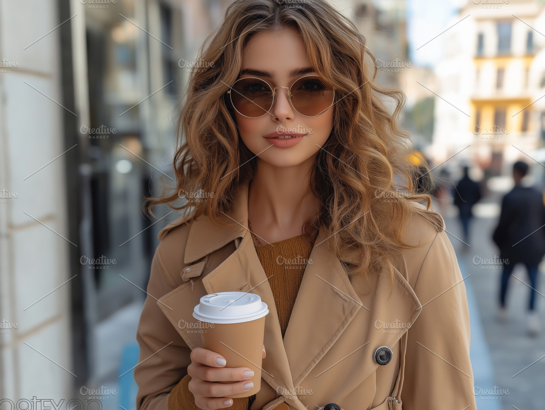 A stylish young woman with flowing hair enjoys her coffee outdoors, exuding con, a Person Photo by ImageMir