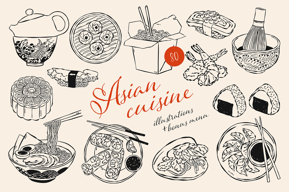 Asian Food Line Art 80 Illustrations, a Food Illustration by DesignThatMatters (Photo 1 of 14)