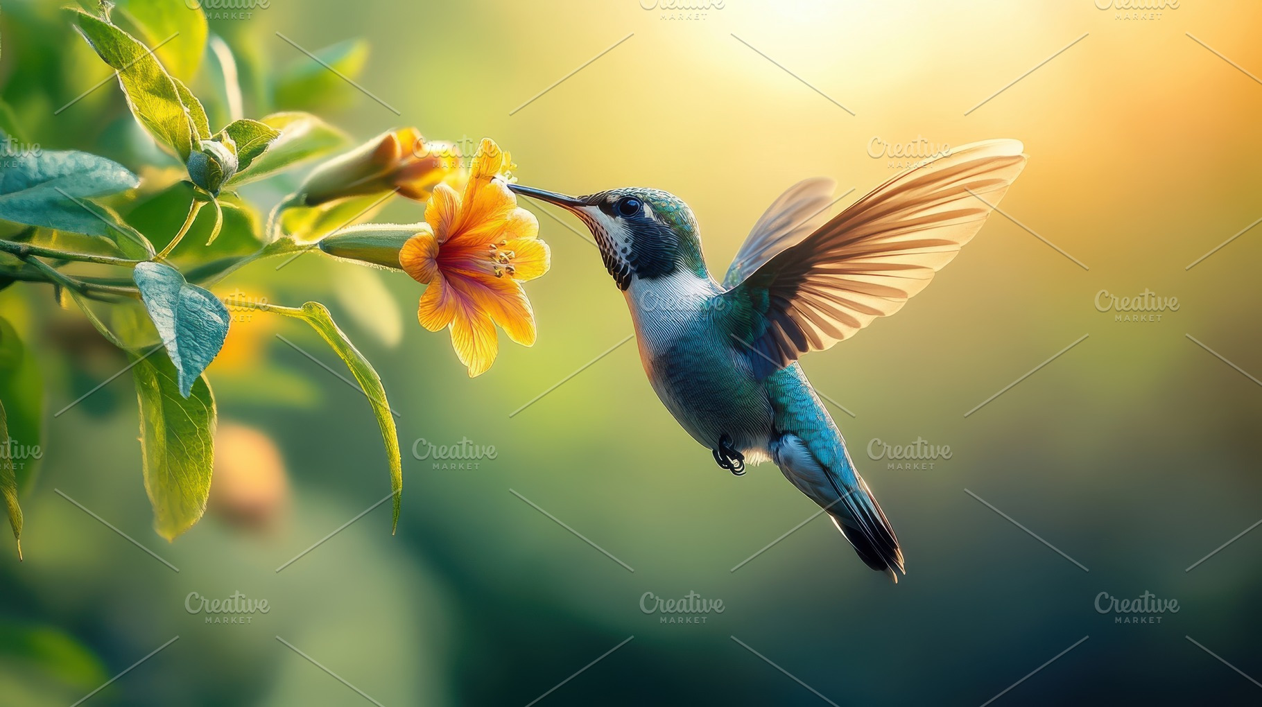 Hummingbird approaching yellow flowe, an Animal Photo by Pixeness Studio